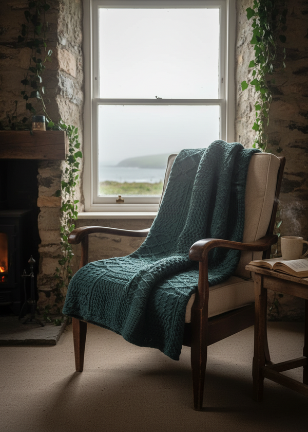 Blanket in cottage-Aran Patchwork Blanket Forest Green | 100% Merino Wool Irish Throw
