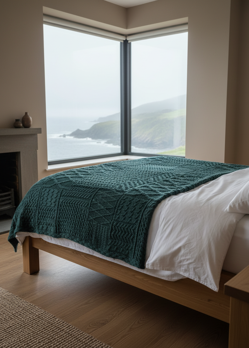Blanket on bed-Aran Patchwork Blanket Forest Green | 100% Merino Wool Irish Throw