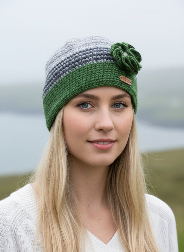 Close-up of blonde model wearing green-grey crochet cap