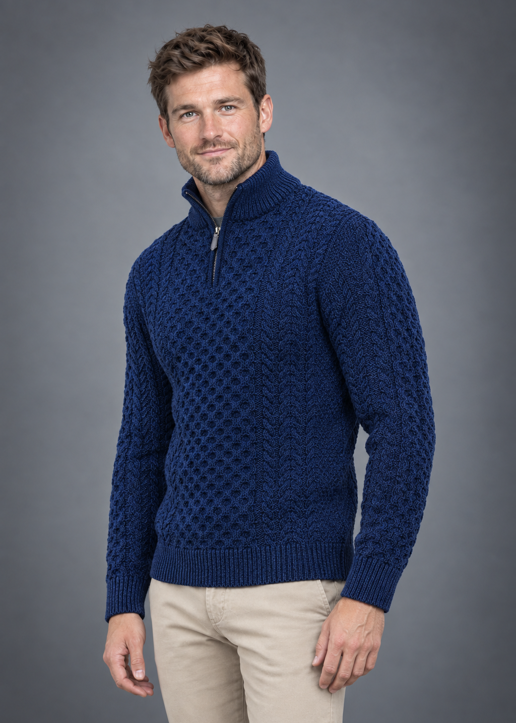 Men's Merino Wool Aran Half Zip Sweater | Deep Water Blue