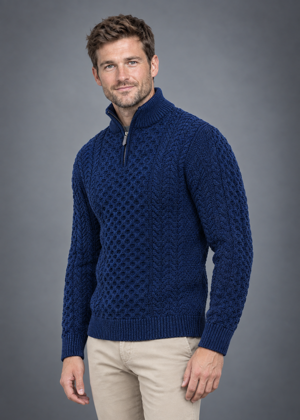 Men's Merino Wool Aran Half Zip Sweater | Deep Water Blue