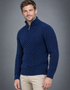 Men's Merino Wool Aran Half Zip Sweater | Deep Water Blue