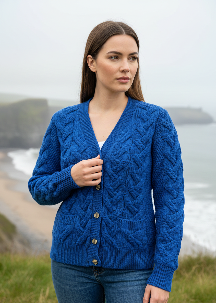 Blue Aran Cardigan Button Detail-Super Soft Ladies Aran Cardigan | 100% Merino Wool | Blue