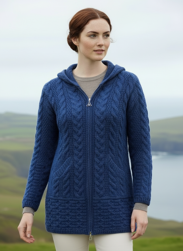 Aran Galway Cardigan With Celtic Knot Zipper | Blue