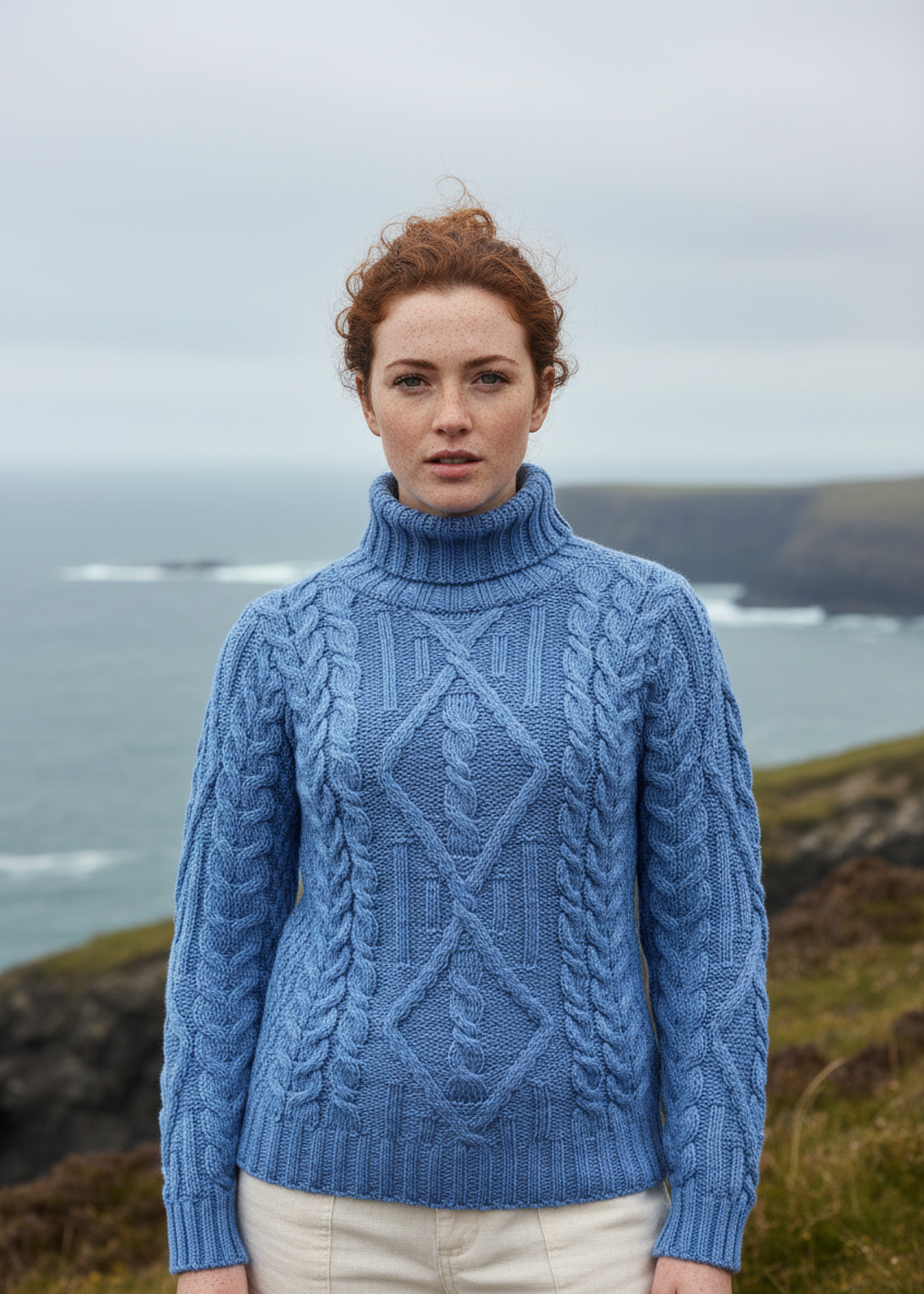 Blue Aran Turtleneck Front Portrait New Model