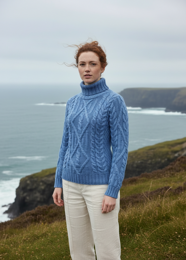 Blue Aran Turtleneck Three-Quarter View