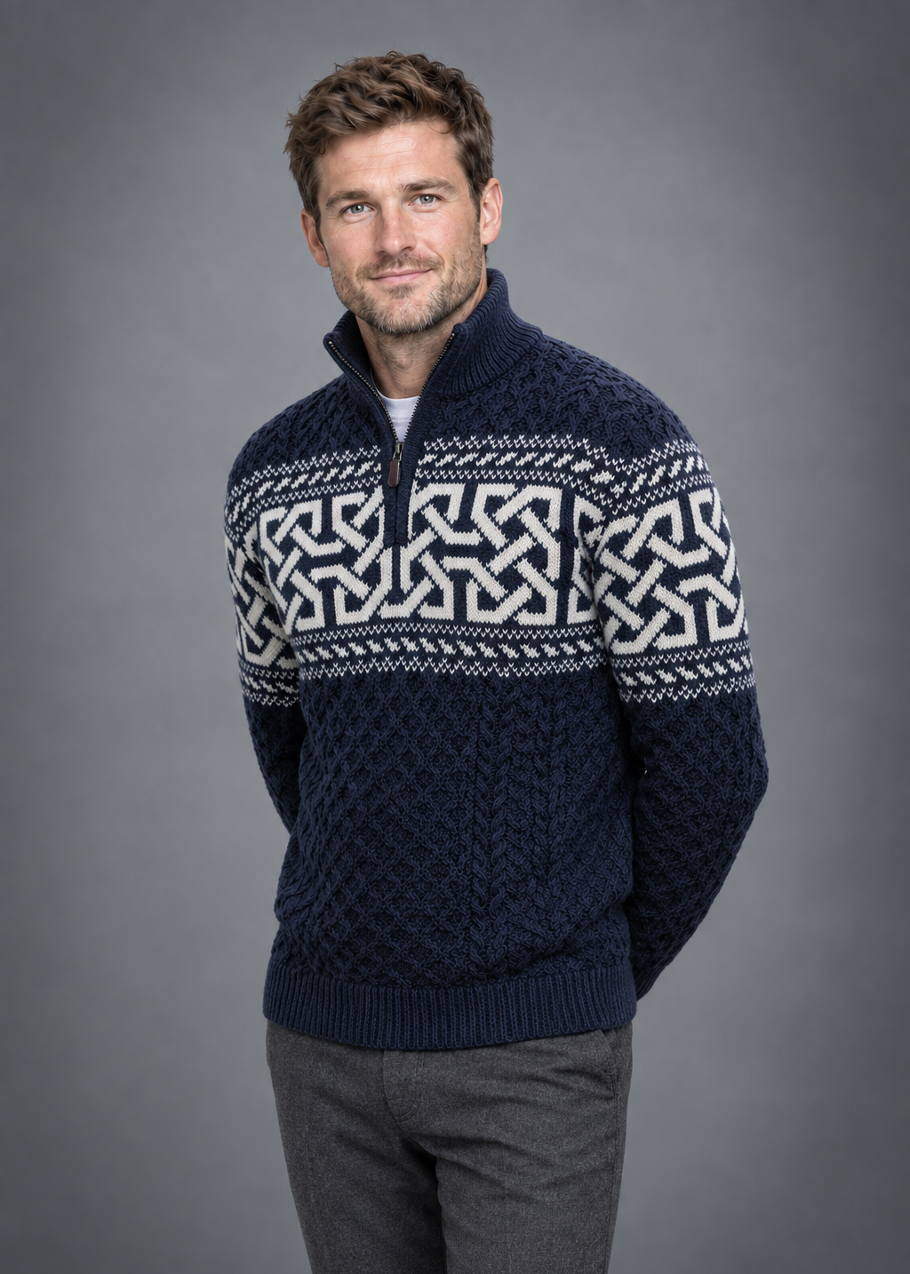 Blue Celtic sweater, angled studio pose