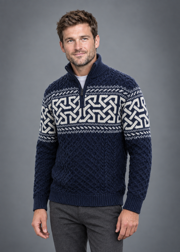 Aran Celtic Design Half Zip Sweater | 100% Merino Wool | Deep Water Blue