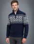 Aran Celtic Design Half Zip Sweater | 100% Merino Wool | Deep Water Blue
