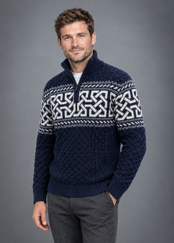 Blue Celtic sweater, three-quarter studio pose