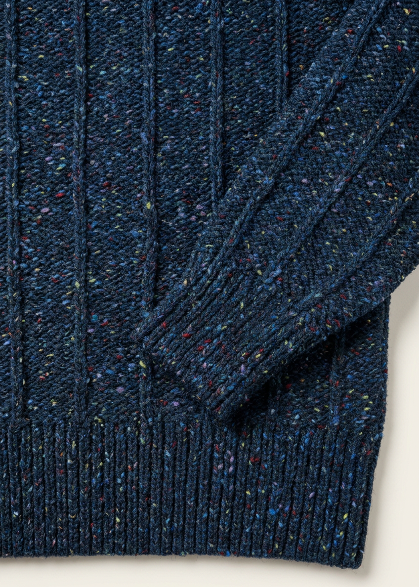 Blue cuff and hem close-up on off-white