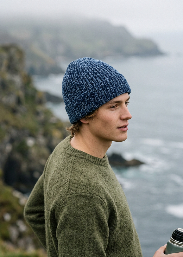 Aran Vintage Merino Wool Ribbed Hat | Denim - Clearance