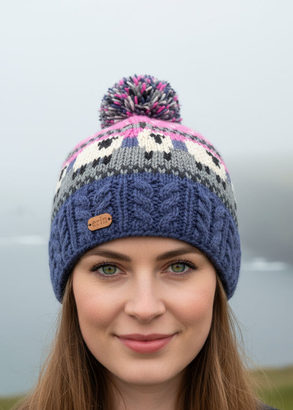 Erin Pink Blue Aran Sheep Bobble Hat
