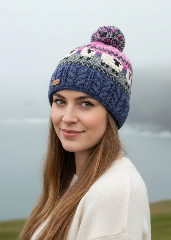 Erin Pink Blue Aran Sheep Bobble Hat