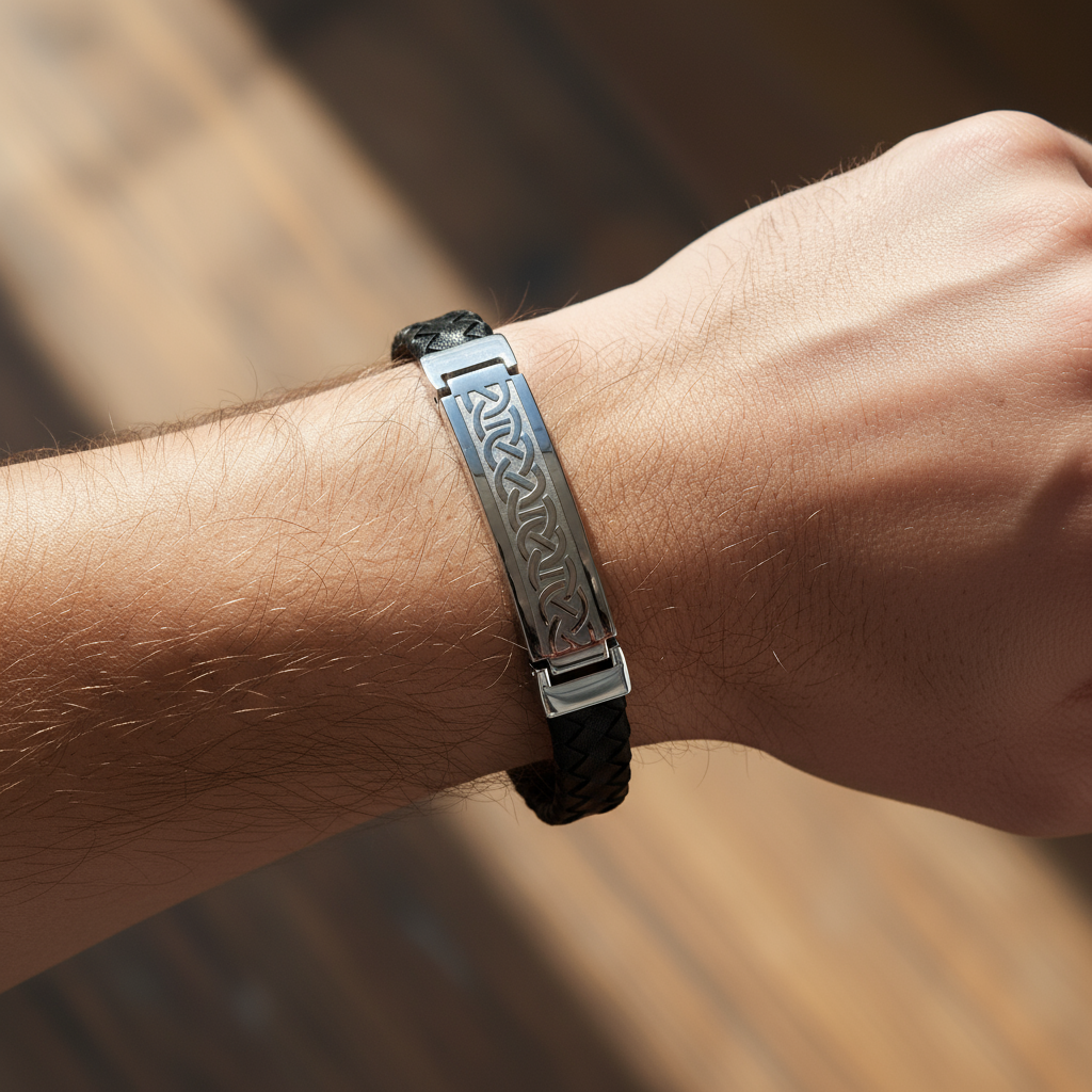 Stainless Steel Mans Black Leather Celtic Bracelet