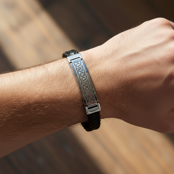Stainless Steel Mans Black Leather Celtic Bracelet