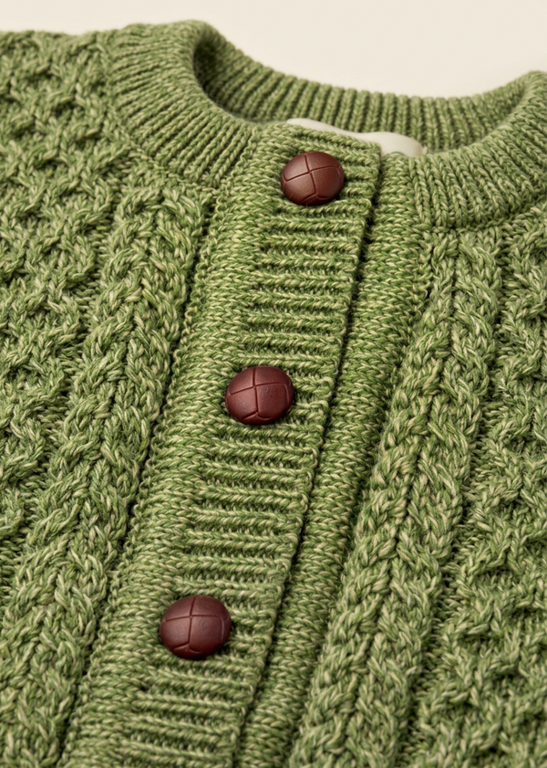Brown buttons and cable-knit close-up