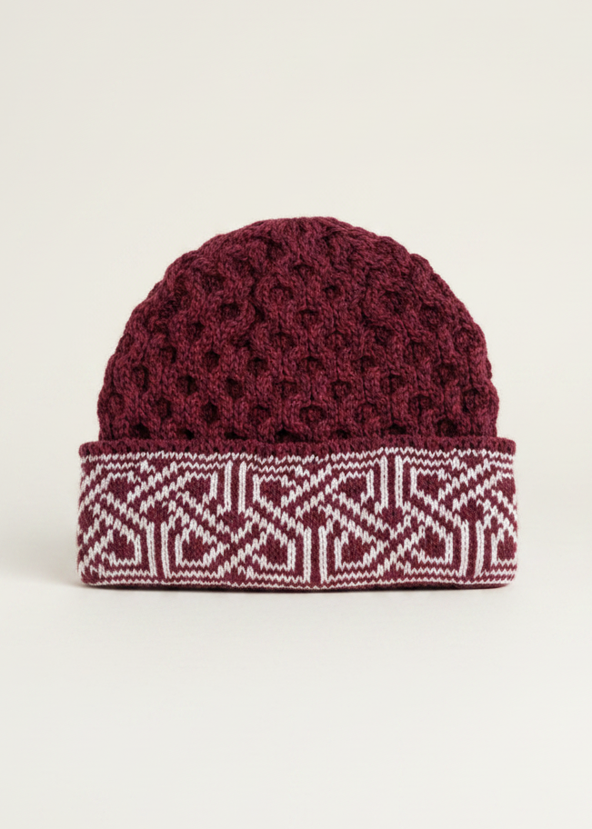 Aran Celtic Design Wool Hat - Raspberry Marl