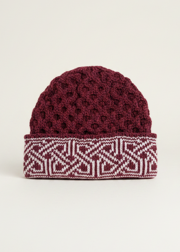 Aran Celtic Design Wool Hat - Raspberry Marl