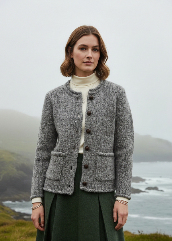Ladies Donegal Wool Cardigan | Silver Fleck Cable Knit | Aran Woollen Mills