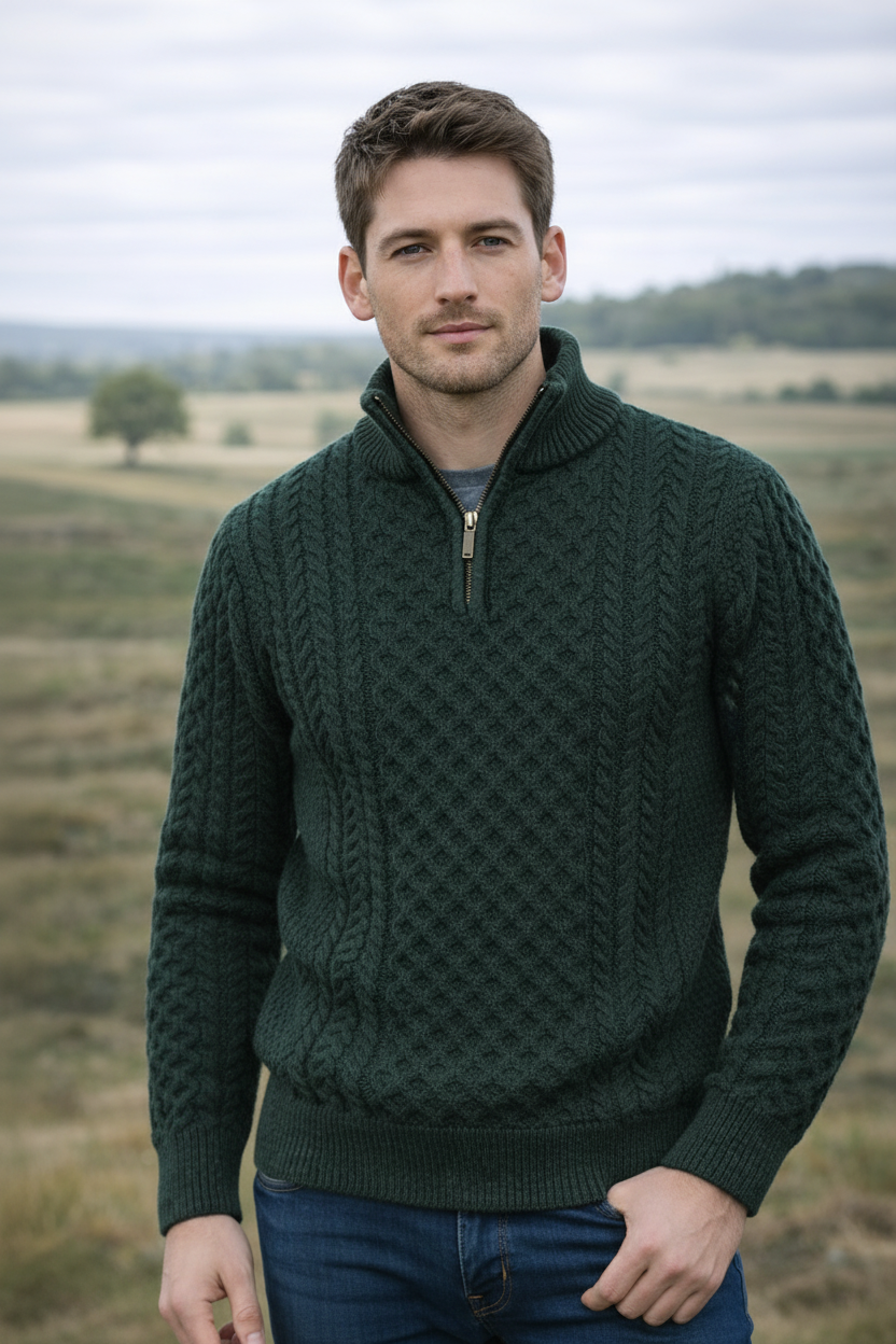 Aran Cable Knit Half Zip Sweater | 100% Merino Wool | Green