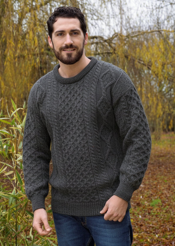 Charcoal Irish Aran Sweater | 100% Wool | Traditional Diamond Stitch