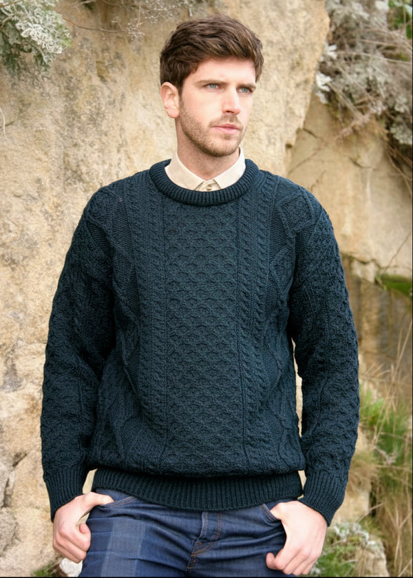 Blackwatch Irish Wool Aran Sweater | Navy Green Mix | Unisex