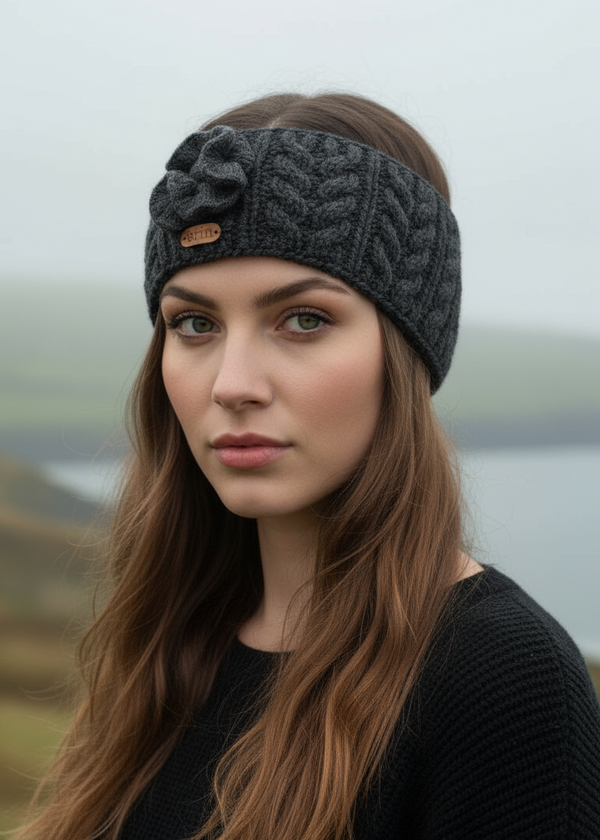 Erin Aran Cable Knitted Wool Flower Headband | Charcoal