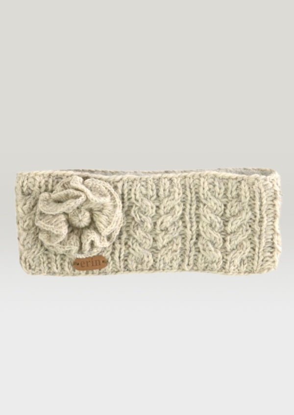 Aran Cable Knitted Wool Flower Headband - Oatmeal
