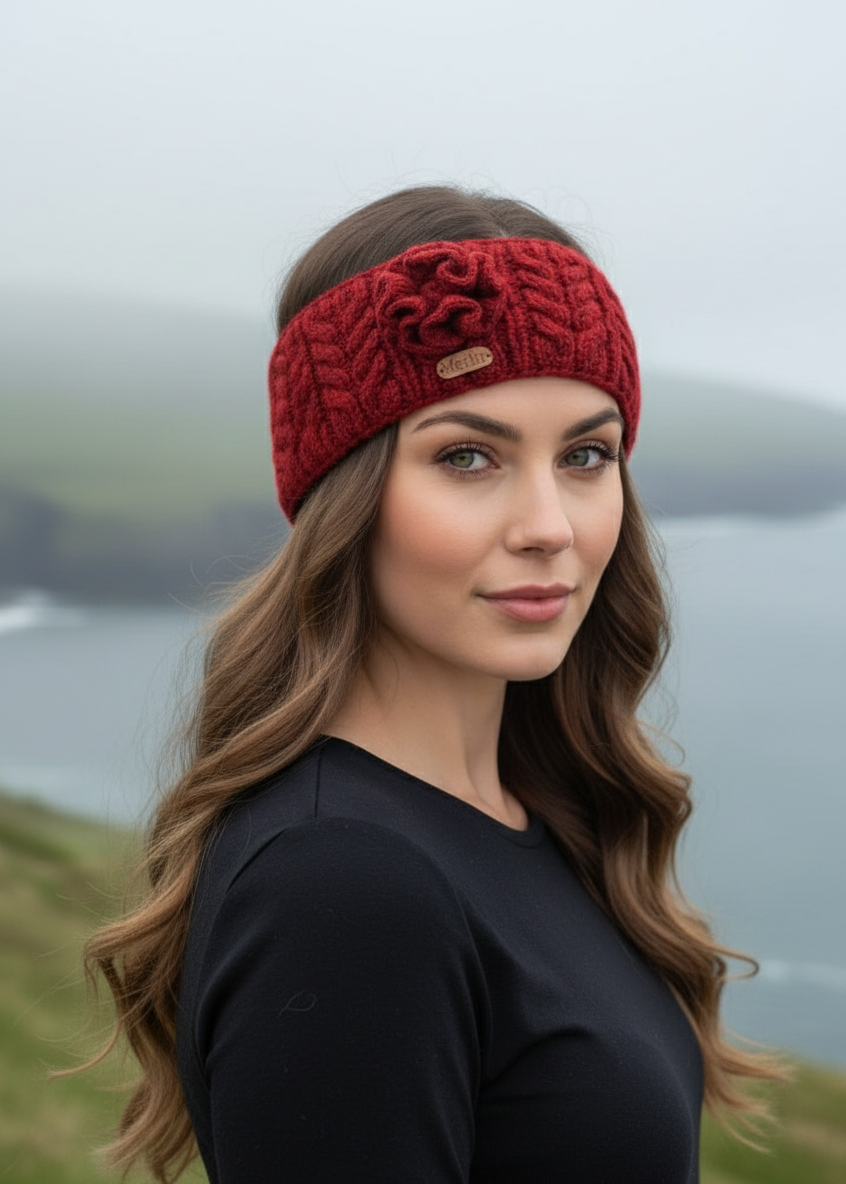 Erin Aran Cable Knitted Wool Flower Headband | Red