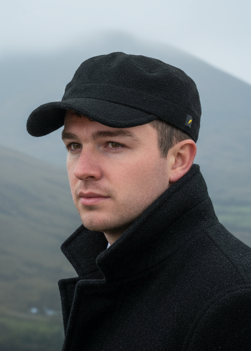 Man wearing a black hatman cadet cap and coat against a misty mountain background