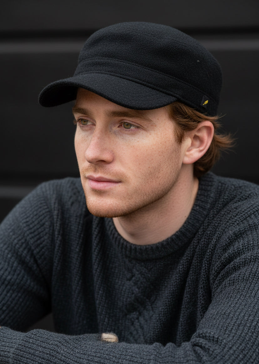 Black Cadet Cap | Donegal Tweed Military Style Cap