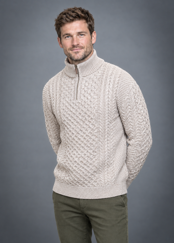 Men's Aran Half Zip Sweater - Parsnip | 100% Merino Wool | Cable Knit