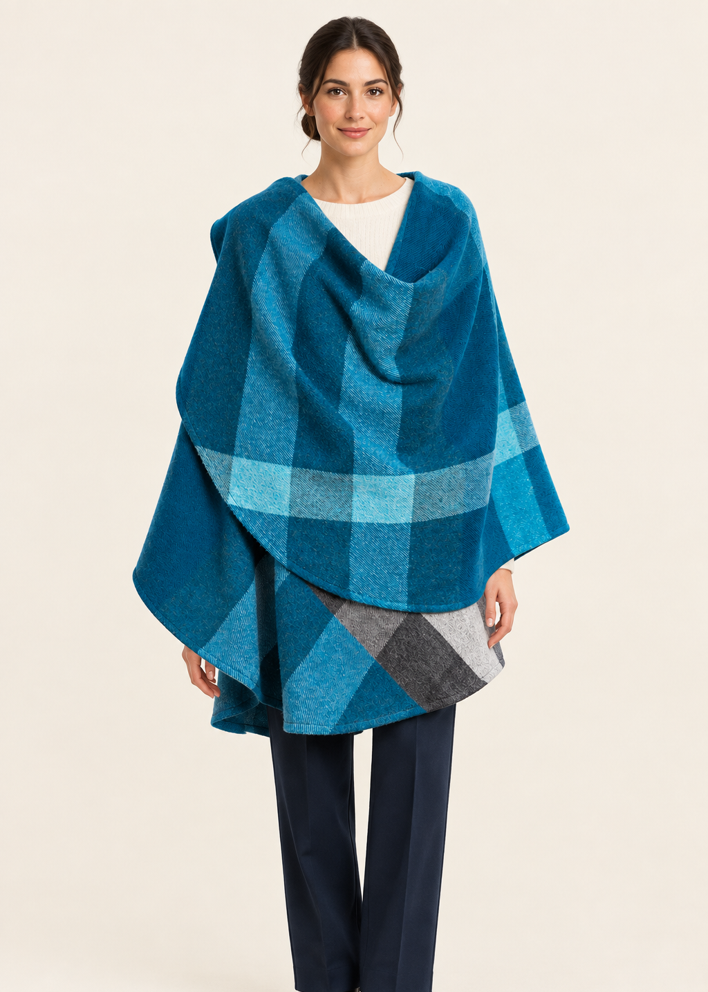John Hanly Lambswool Cape | Turquoise Blue Check
