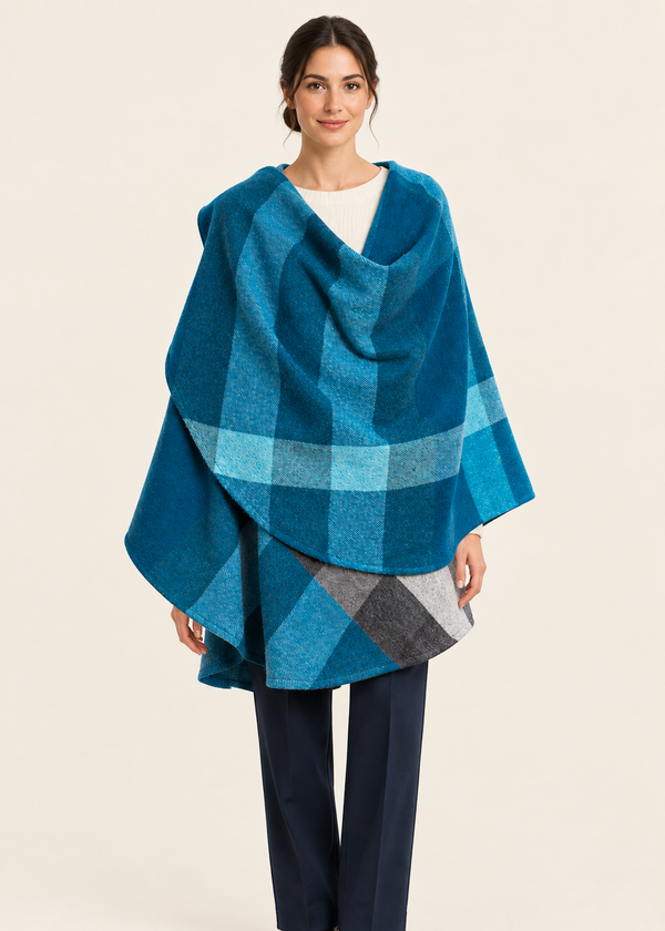 John Hanly Lambswool Cape | Turquoise Blue Check
