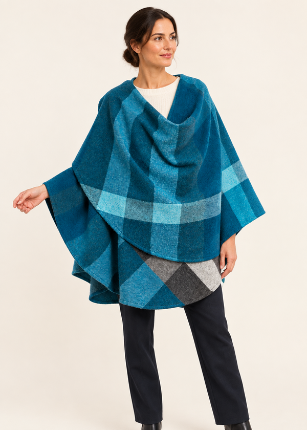 John Hanly Lambswool Cape | Turquoise Blue Check
