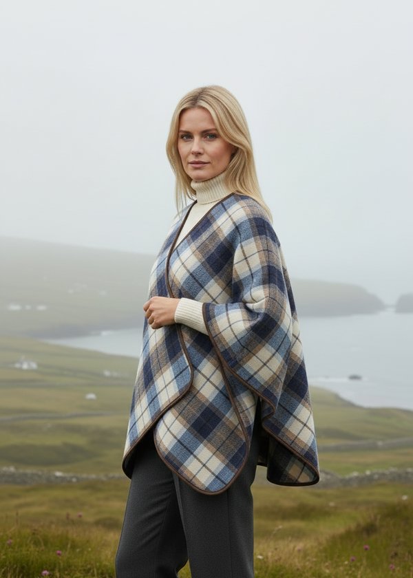 Tweed Poncho Wrap | Blue Beige Check | 100% Wool