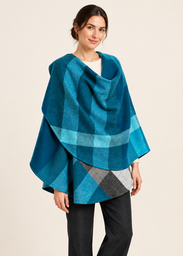 John Hanly Lambswool Cape | Turquoise Blue Check

