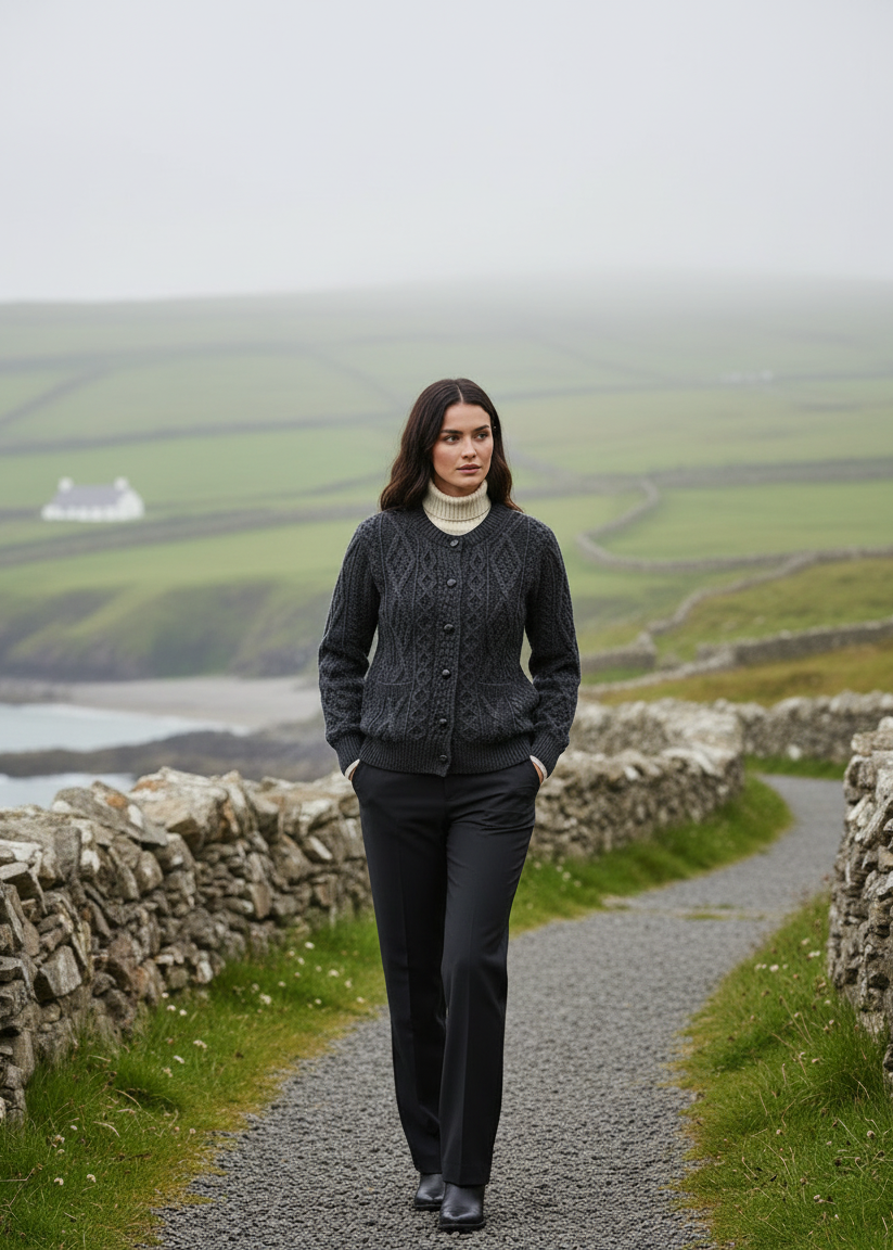 Cardigan lifestyle image-Inagh Ladies Aran Cardigan | Charcoal Worsted Wool
