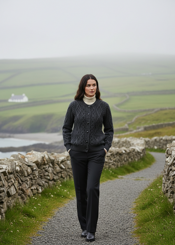 Cardigan lifestyle image-Inagh Ladies Aran Cardigan | Charcoal Worsted Wool