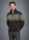 Aran Celtic Design Half Zip Sweater | 100% Merino Wool | Green