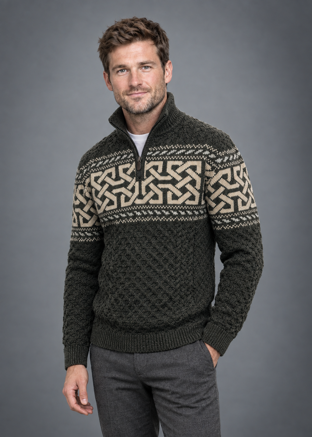 Aran Celtic Design Half Zip Sweater | 100% Merino Wool | Green