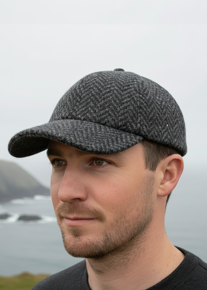 Charcoal Herringbone Baseball Cap - Front View Lifestyle Shot
