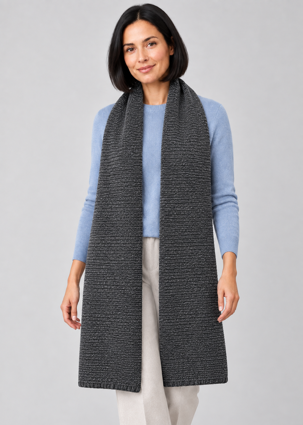 Charcoal scarf stepping studio pose
