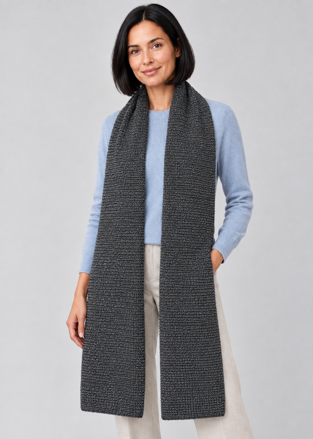Charcoal scarf three-quarter studio pose