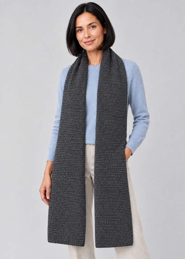 Charcoal scarf three-quarter studio pose