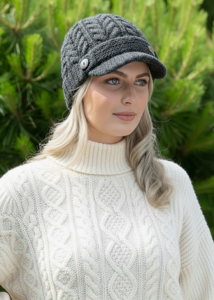 Erin Aran Cable Peak Hat | Charcoal