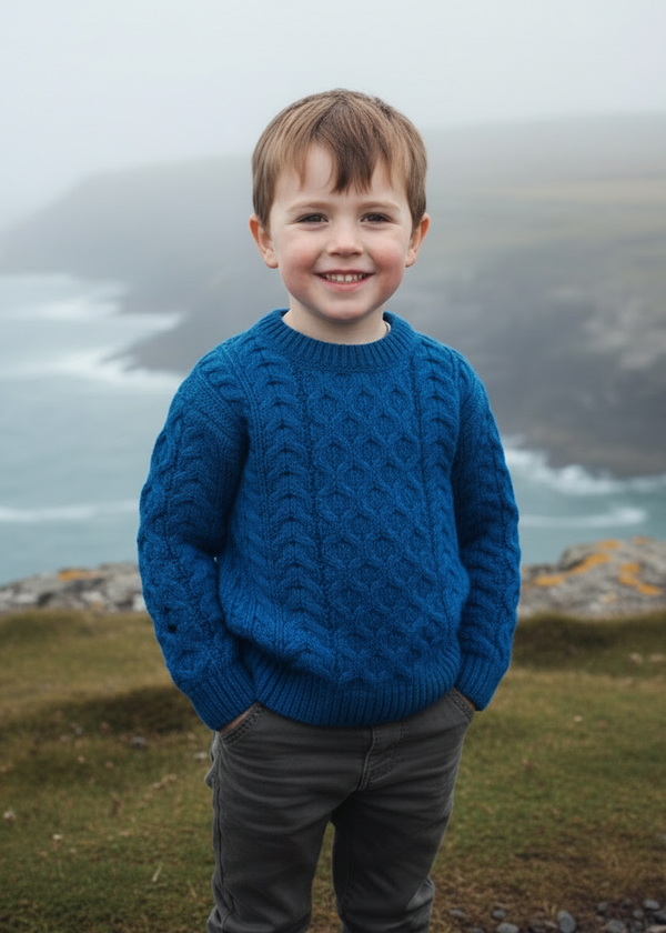 Child wearing blue Aran sweater