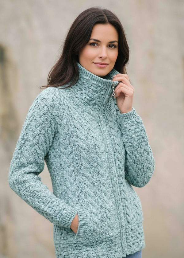 Aran Crafts Double Collar Trinity Cardigan - Mermaid Blue