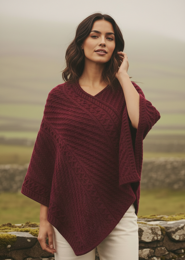 Irish Aran Merino Wool V-Neck Poncho | Raspberry